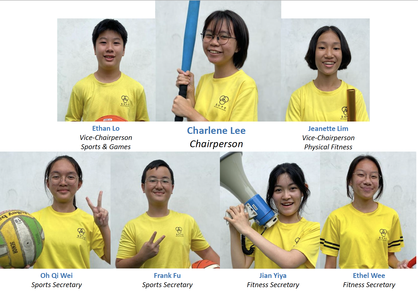 Seven students in yellow shirts pose with sports items, labeled with names and committee roles like Chairperson and Secretary.